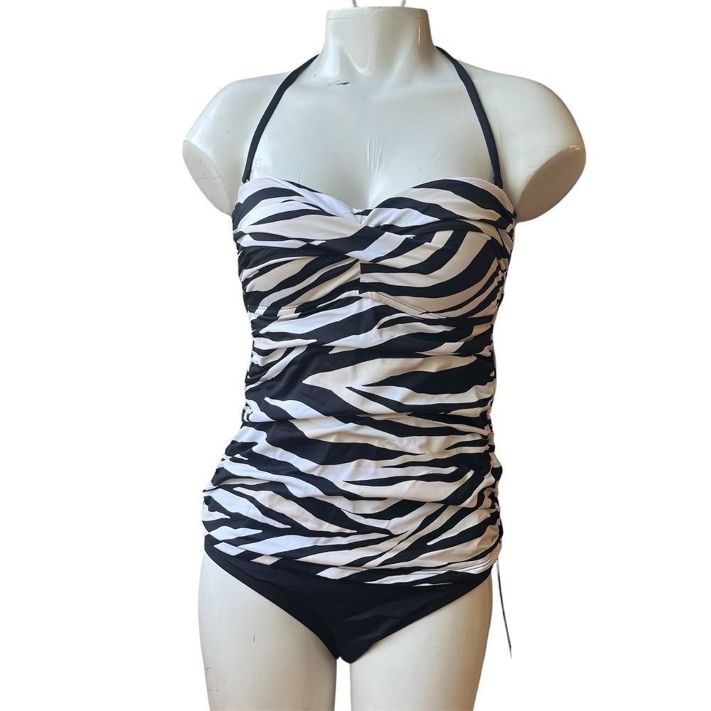 New La Blanca Black and White Zebra Print Two Piece Tankini Bikini Women's 6